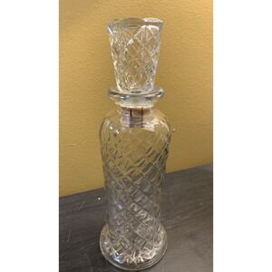 Vintage Clear Diamond Cut Glass EMPTY Whiskey Bottle Decanter w/Stopper 9.5"